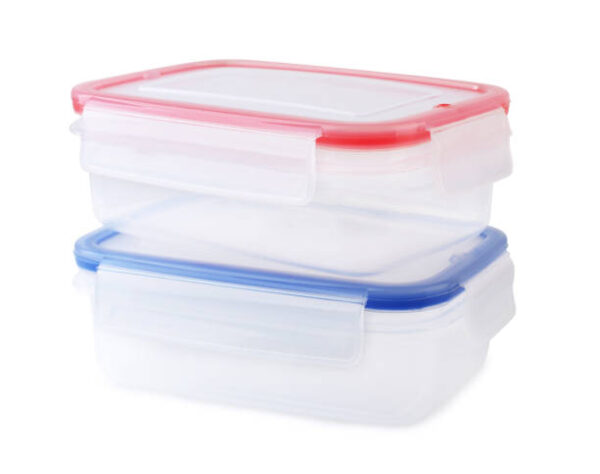 Plastic food storage containers isolated on white background