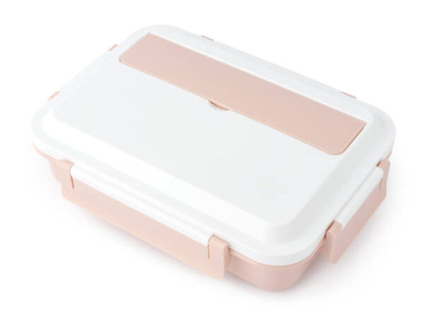 Close up photo plastic food box isolated on white background