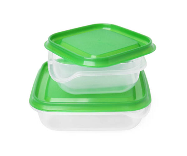 Empty plastic containers on white background. food storage