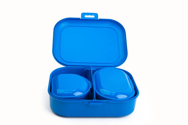 Blue plastic boxes isolated on white background